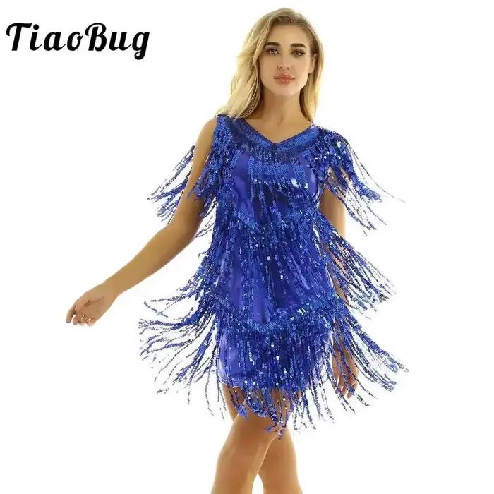 Robe de danse latine à franges et sequins pour femmes