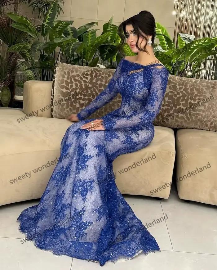 Robe de soirée sirène bleue en dentelle et paillettes pour femme