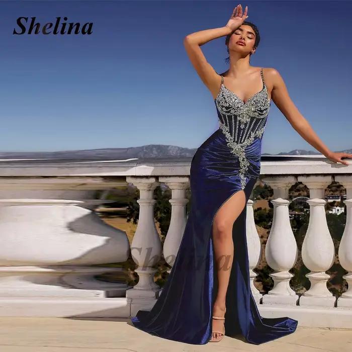 Shelina Opulent Robes De bal bretelles Spaghetti strass Mermiad haute fente sur mesure Occasion