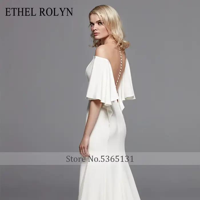 Élégant col bateau sirène robes De mariée Satin manches chauve-souris Illusion dos nu ETHEL ROLYN robe