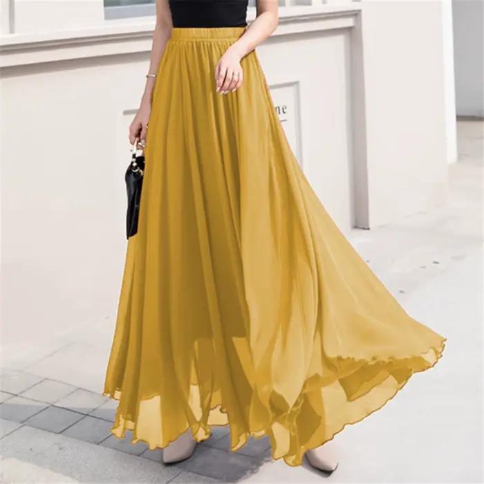 Jupe patineuse longue taille haute en mousseline de soie pour femme, polyester haute élasticité, style décontracté, adapté aux quatre saisons, couleurs vibrantes et douces, pour les femmes d'âge moyen, occasions quotidiennes et festives