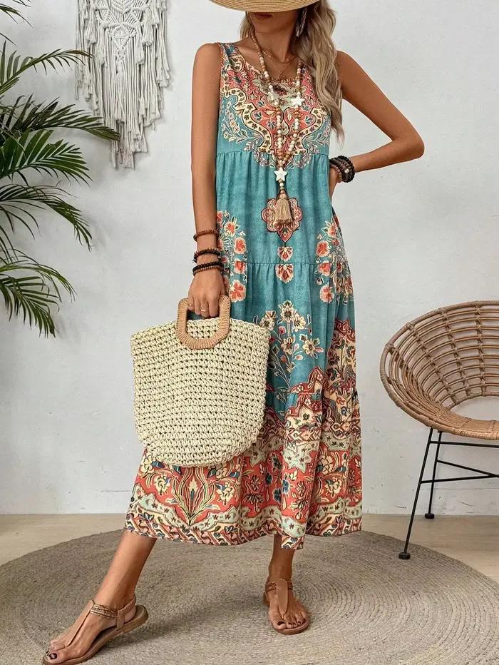 Holidaya dames été imprimé fleuri col rond robe sans manches pour décontracté ou vacances Maxi
