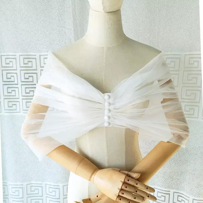 Femmes plissé Tulle Sheer Wrap mariage mariée hors de l'épaule étole élégant formel châle avec bouton ivoire personnalisable