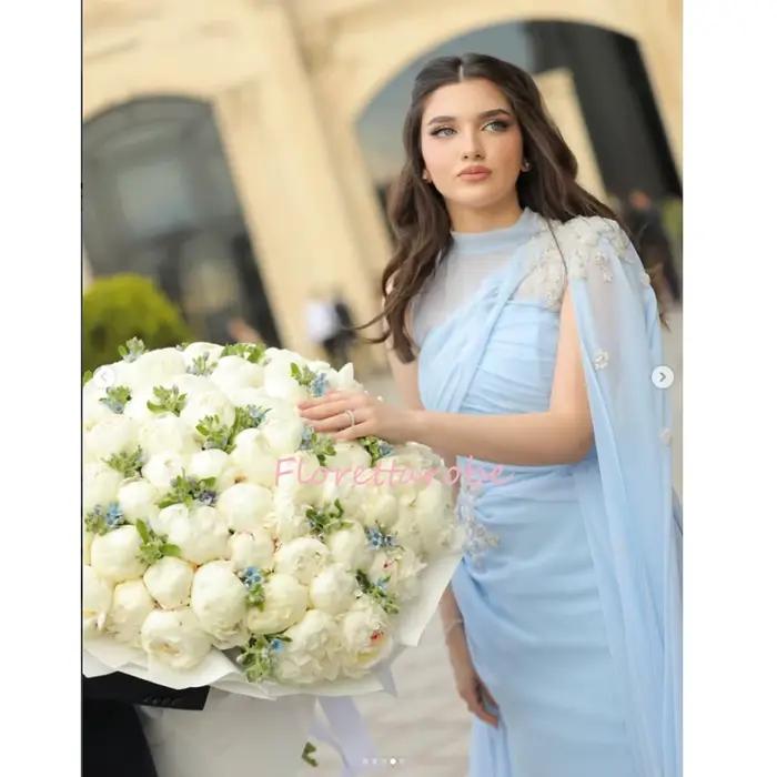 Robe de soirée personnalisée bleue à col montant et épaule unique