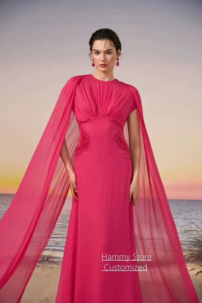 Robe de soirée en mousseline de soie fuchsia col rond personnalisé sans manches avec perles robe de bal de fin d année soirée élégante à offrir femmes occasions spéciales