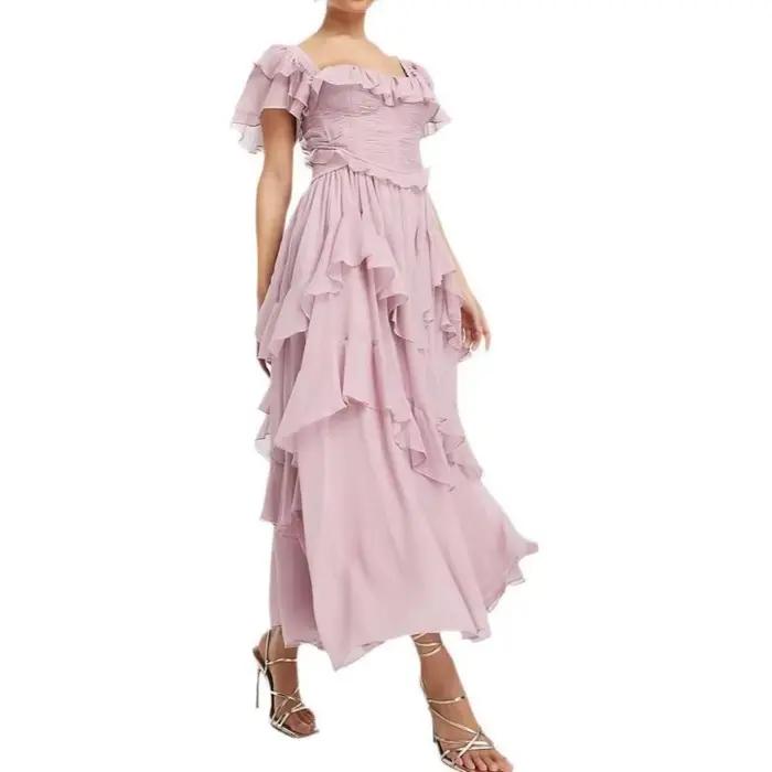 2025 nouveau Vintage vacances bord fleuri dos ouvert creux mode robe irrégulière décontracté femmes à volants