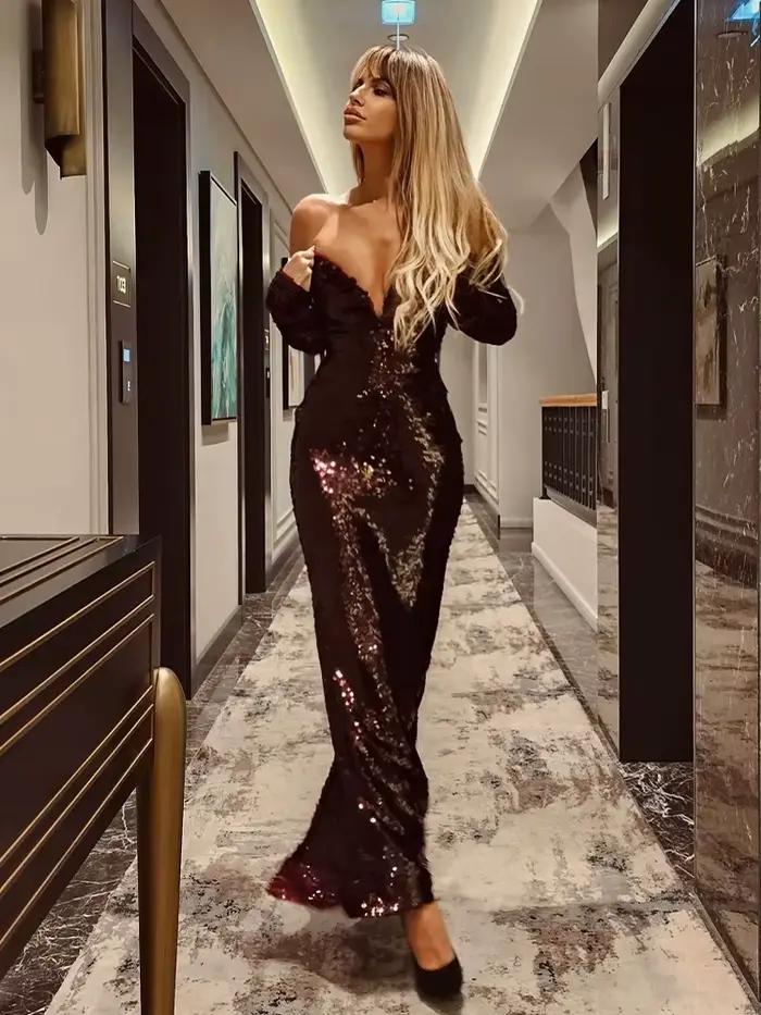 Robes longues à paillettes marron chocolat à épaules dénudées – Robe de soirée à manches
