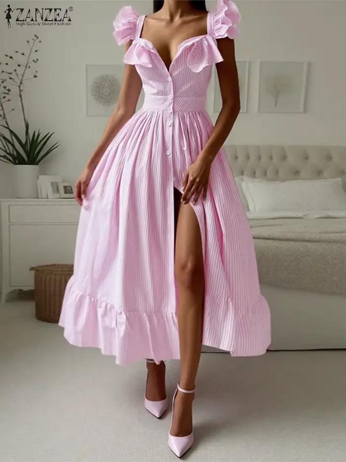 ZANZEA Vintage Swing Robe Midi 2025 été rayé