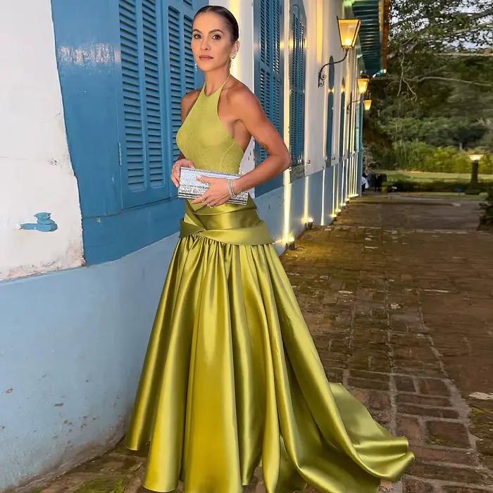 Sharon Said Dubai vert Olive Satin élégant licou robes de soirée avec plissé pour les femmes robe formelle de mariage SF148 personnalisé