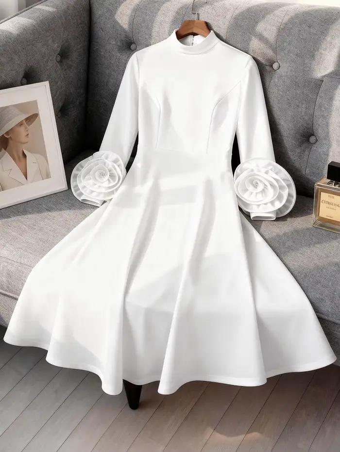 Robe Trapèze Plissée en Polyester et Élasthanne pour Femmes Chics Col Mi-Haut Manches Longues Motif Floral 3D Occasions Spéciales Mariages Noël Nouvel An Evénements Formels