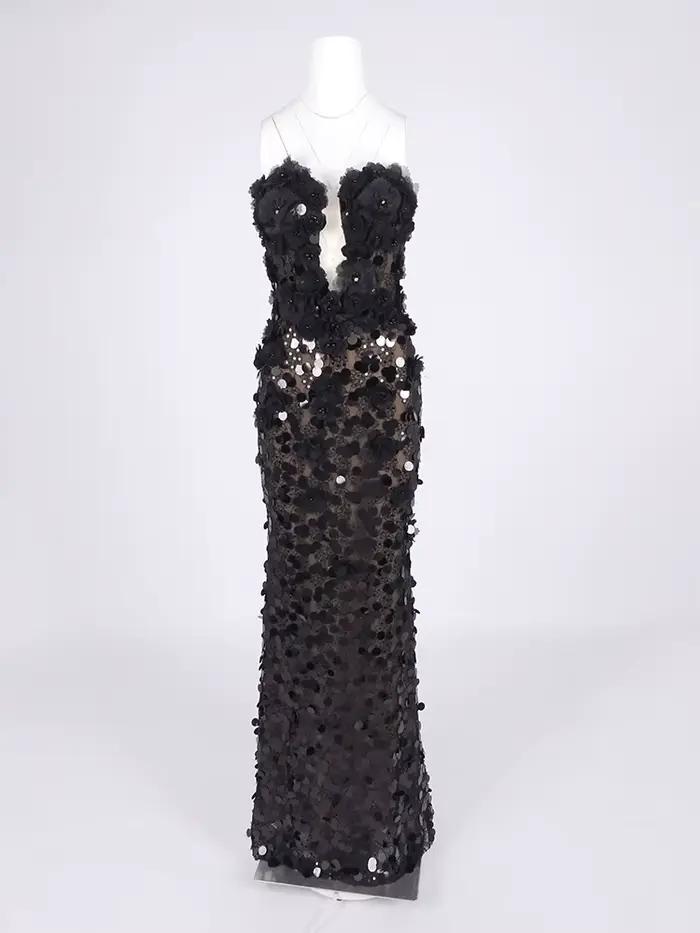 Robes de soirée noires à paillettes florales – Conception sans bretelles avec détail en dentelle transparente Robe longue ajourée Vestidos Largos