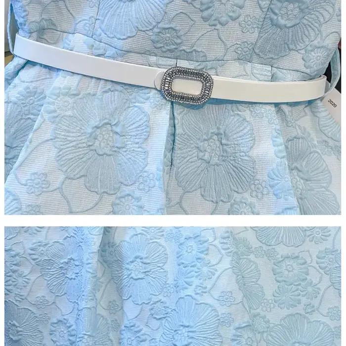Robe Jacquard Bleue Femme Été 2026 Élégante Haut de Gamme Manches Courtes Mi-longue Soirée Col Carré Cadeau