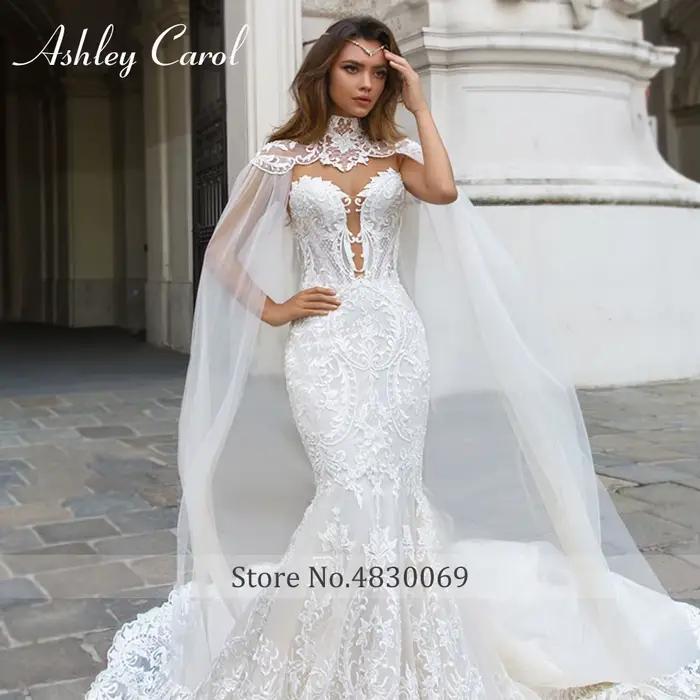 Ashley Carol sirène robes De mariée pour les femmes chérie avec châle Mit Cape perles 2 en 1 robe