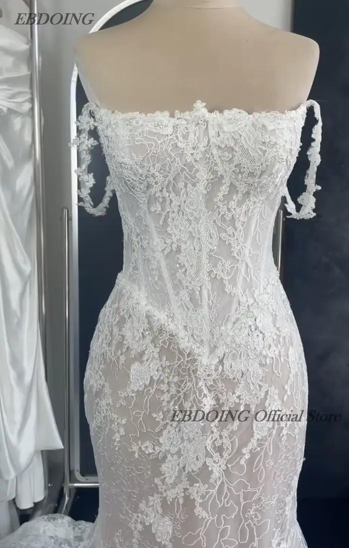 EBDOING robe de mariée sirène dentelle col bateau décolleté classique Basque avec perles