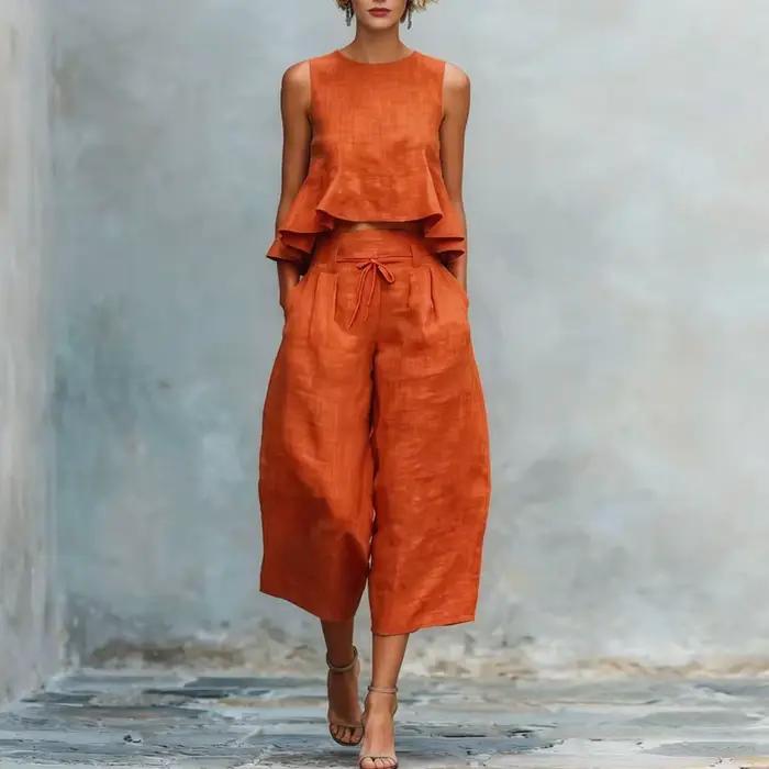Ensemble décontracté élégant pour femmes avec débardeur sans manches et pantalon à volants pour occasions spéciales et quotidienne