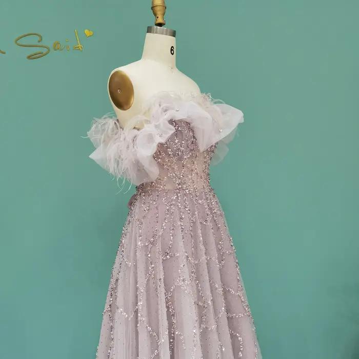 Robe de soirée Sharon Said en polyester avec perles, cristal et plumes pour femmes, idéale pour mariage et soirées officielles