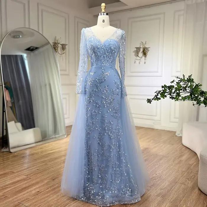 Robe de soirée sirène de luxe en perles bleues