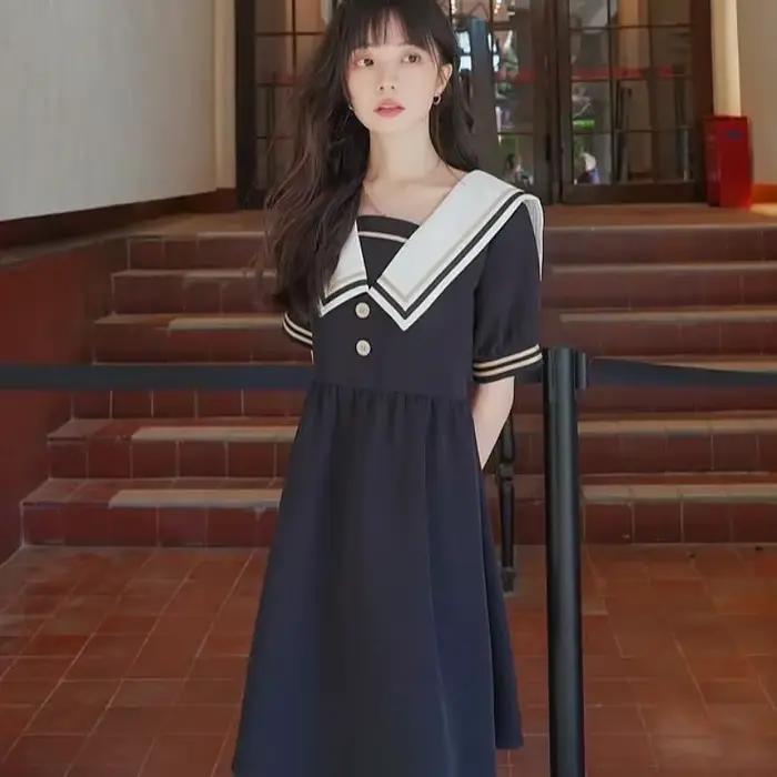 Robe d'été femmes col marin Maxi Preppy japon Style belle collège loisirs Empire rétro Simple classique Design dames Chic