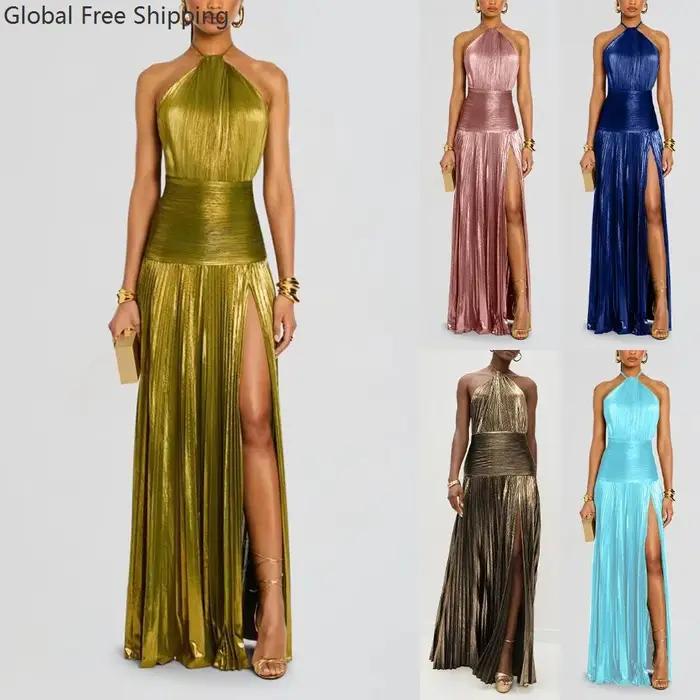 Robe de soirée dorée à col licou pour femme
