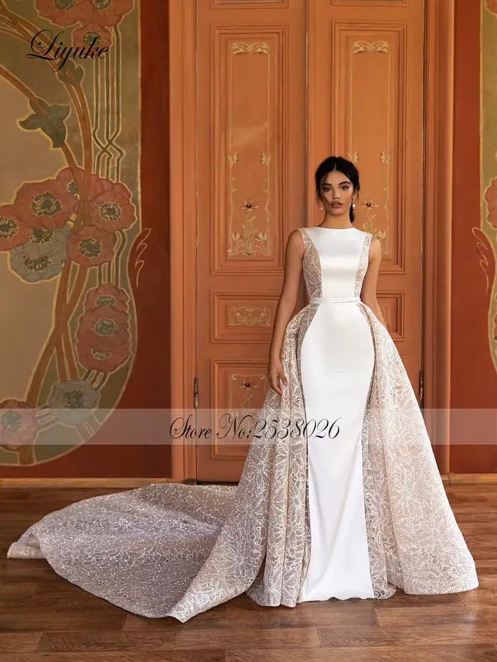 Liyuke personnaliser sur mesure charmante 2 en 1 robes de mariée sirène avec luxe de dentelle Satin étincelle élégance