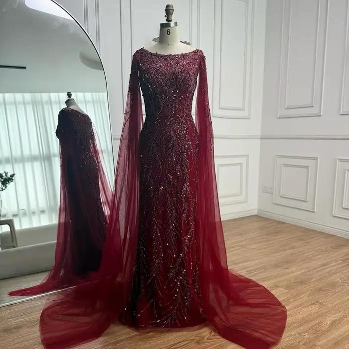 Arabie saoudite bleu perlé sirène robe de soirée élégante Cape manches bateau cou