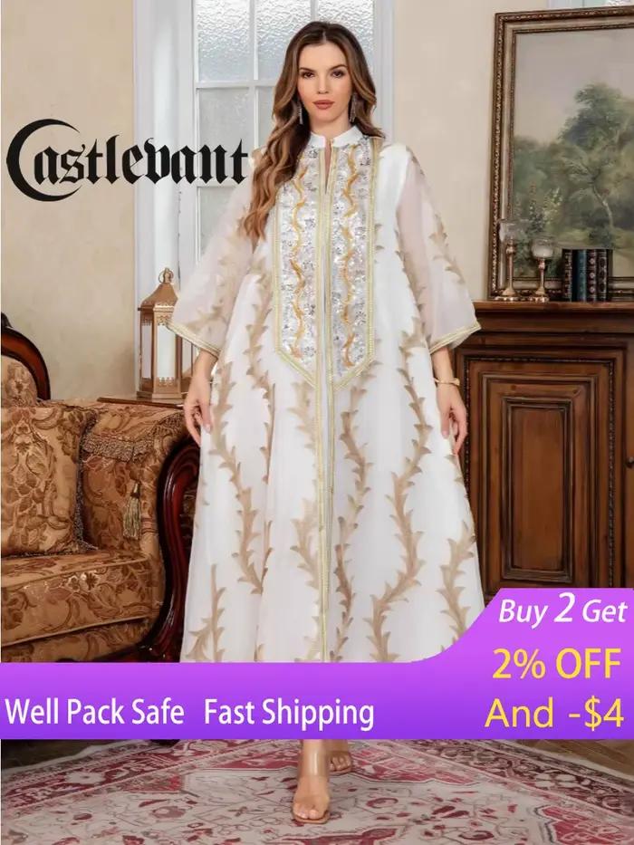 Robe de soirée pour femmes Abaya Dubaï Eid Musulmane Broderie en maille Jalabiya Robes de Ramadan Caftan Marocain