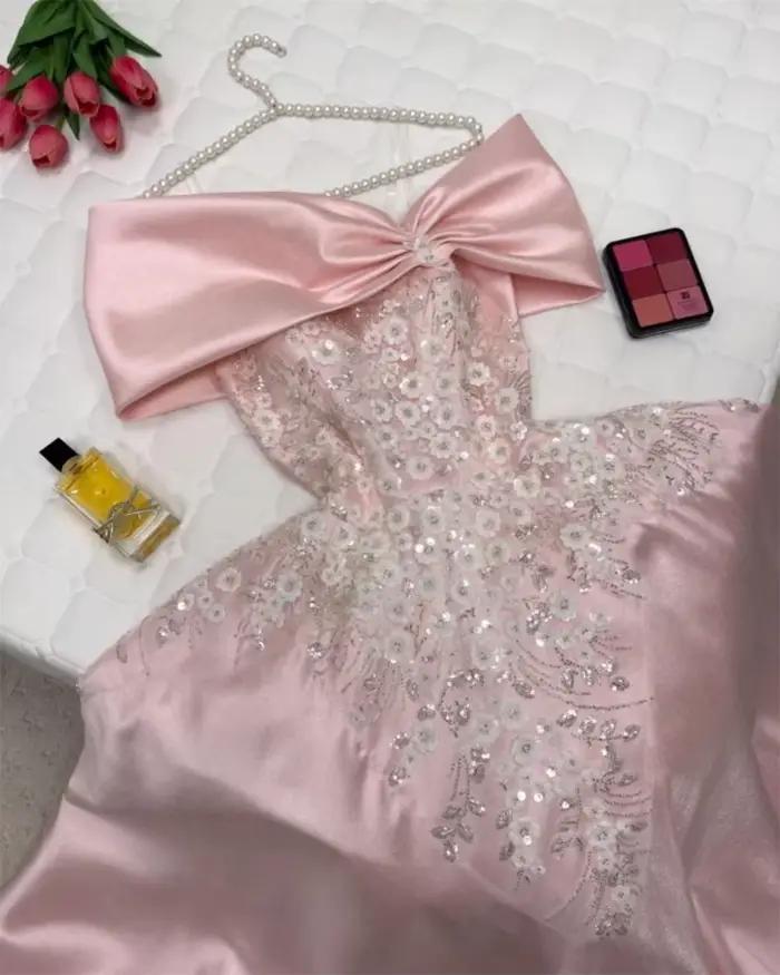 Cathy personnalisé rose épaules dénudées paillettes Appliques robes de bal a-ligne à lacets vestidos de noiva robe de soirée sans manches