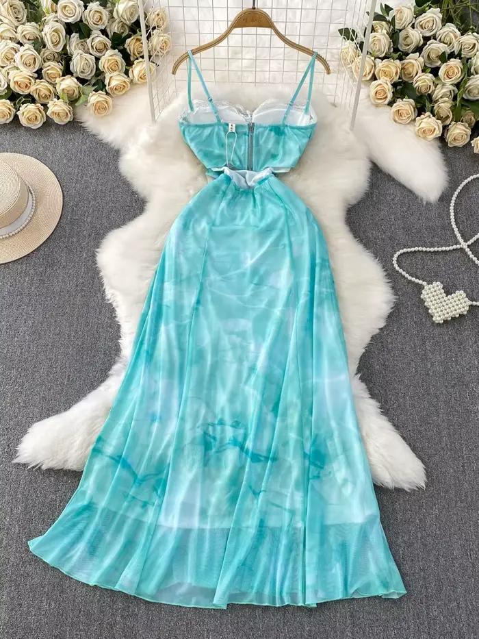 Foamlina lac bleu plage vacances robe femmes été magnifique Sexy dentelle licou cravate taille fée Maxi longues robes