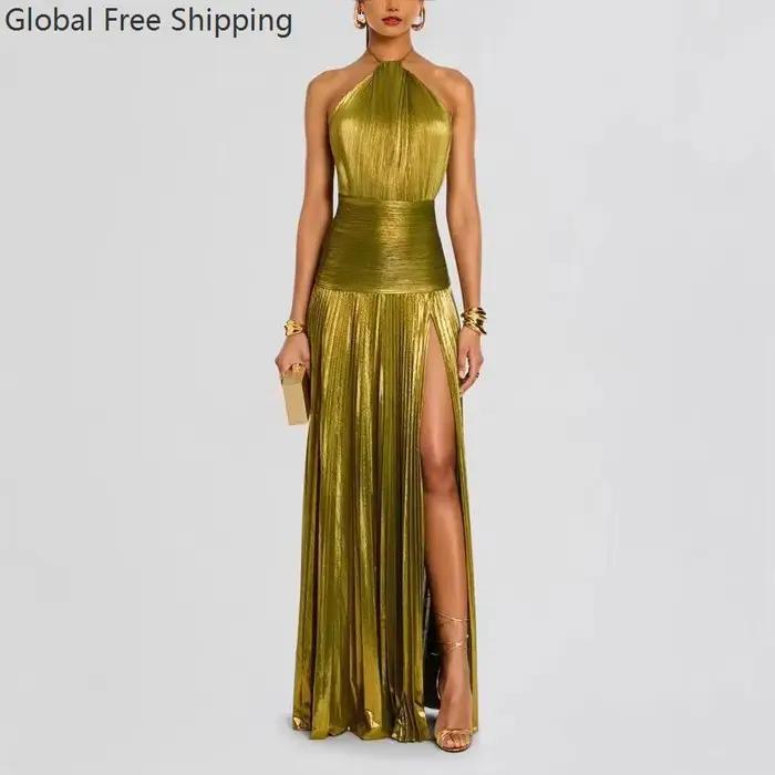 Robe de soirée dorée à col licou pour femme