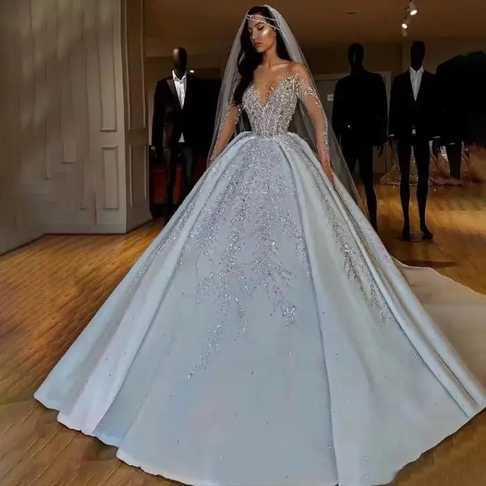 Luxe dubaï cristal perlé robe de bal robes de mariée chérie Illusion manches longues Court Train Tulle