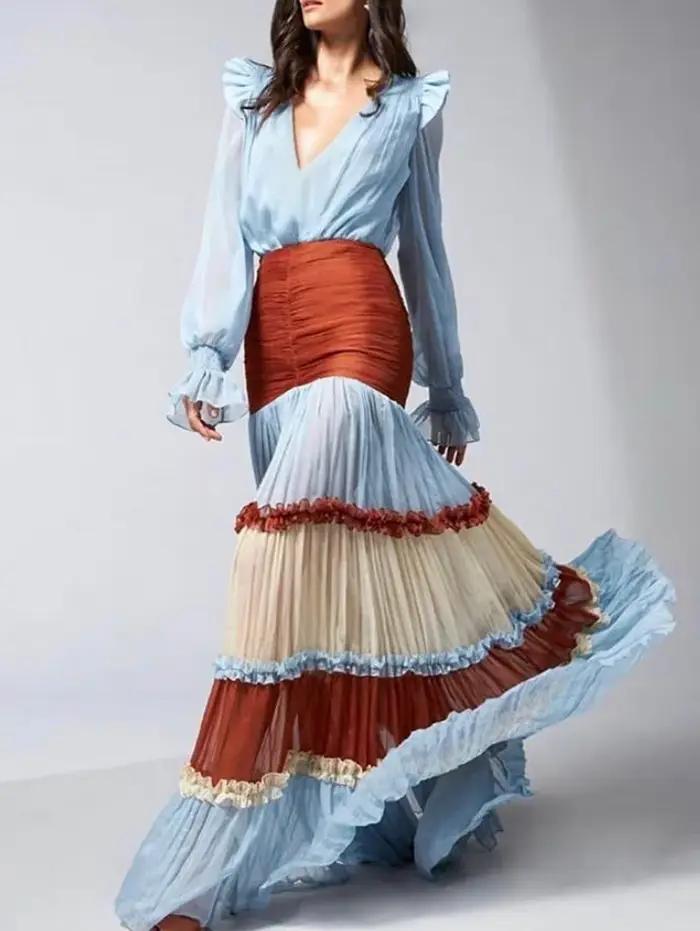Robe longue élégante femmes automne col en V profond à manches longues