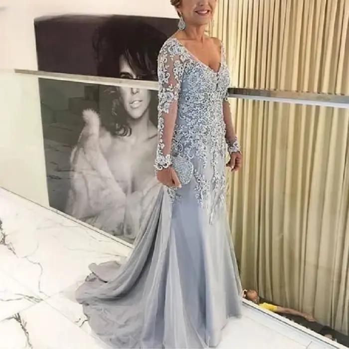 Robe de soirée de luxe personnalisée pour la mère de la mariée silhouette sirène décoration dentelle et appliques longueur au sol pour événements prestigieux