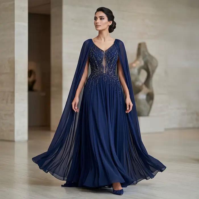 Robe de soirée Sharon Said bleu marine perlée à col en V avec cape en mousseline de soie coupe trapèze شارون سعيد