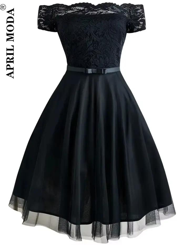 Femmes Vintage robe en dentelle formelle rouge noir vert Slash cou Tulle Midi Jurken Chic rétro gothique années 50 robes trapèze vêtements de fête