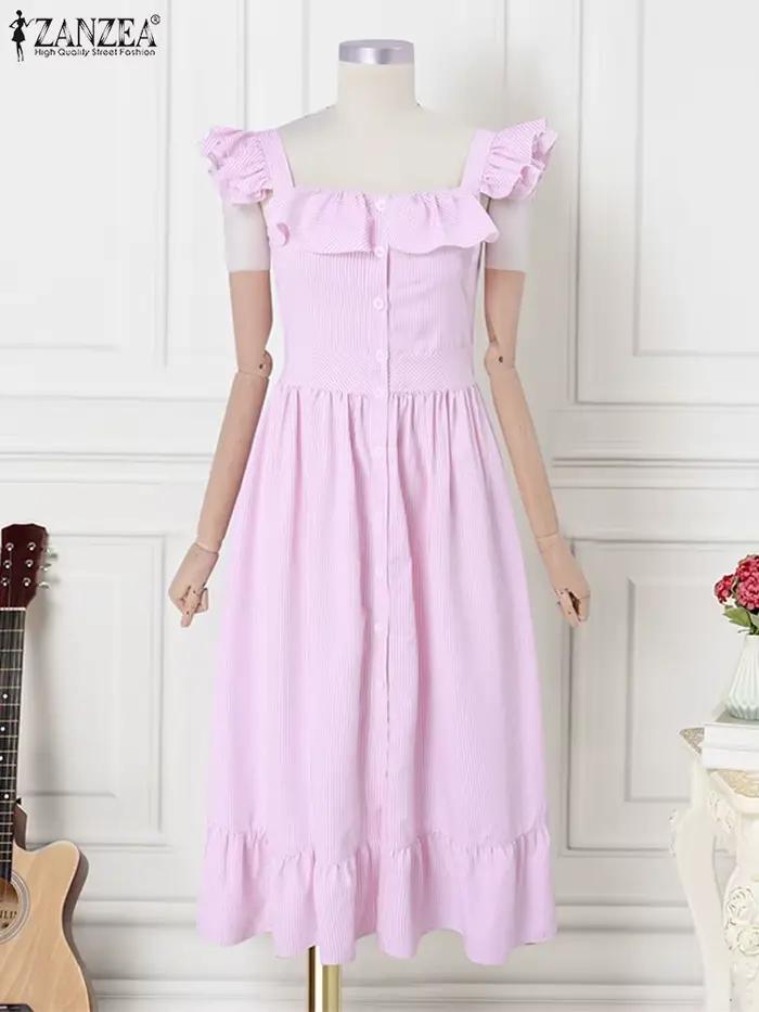 ZANZEA Vintage Swing Robe Midi 2025 été rayé