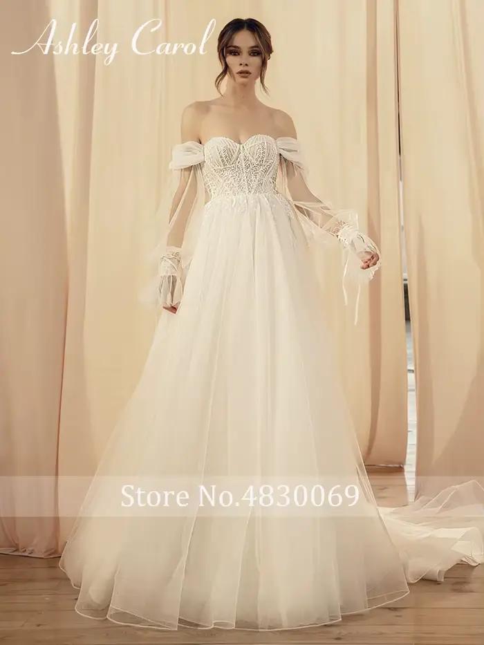 Robe de mariée A-Line Ashley Carol en coton, polyester, soie, mousseline avec col en V, appliques de dentelle, train de la cour pour femmes, occasions spéciales, mariage, prom, célébrités, soirée