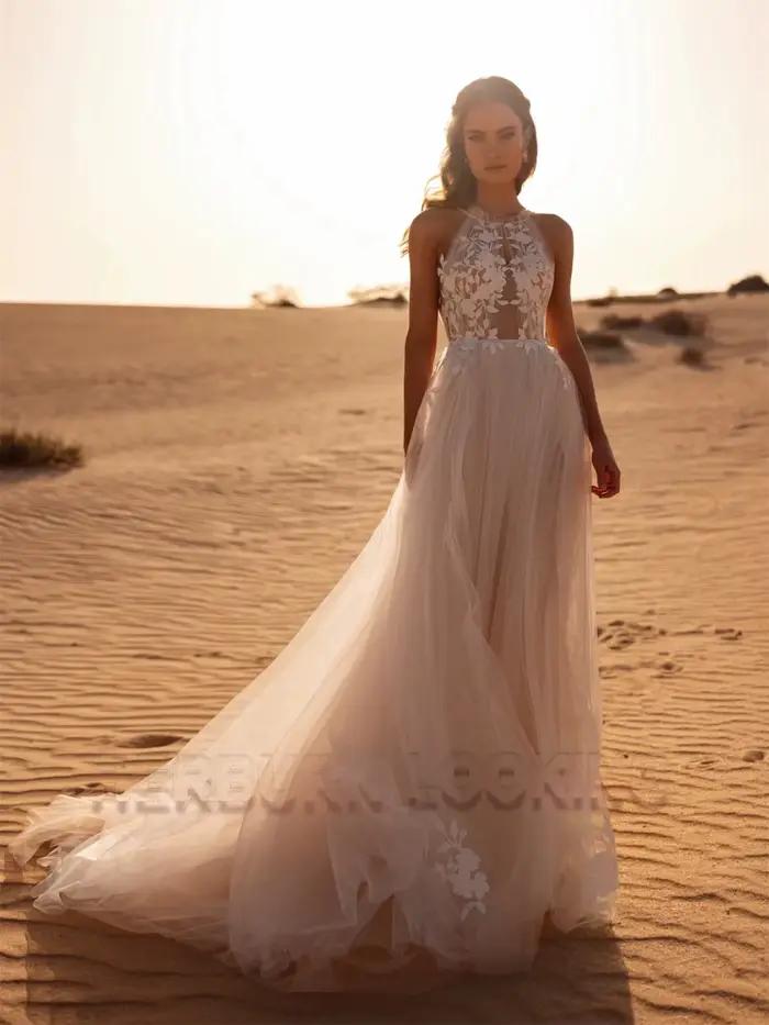 HERBURN élégant a-ligne robes de mariée pour les femmes licou dentelle Appliques Illusion pli robe
