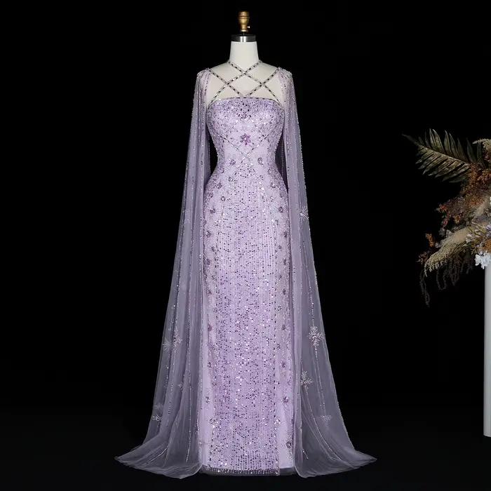Sharon Said Dubai Champagne sirène robes de soirée avec manches Cape Aqua croisé lilas robe