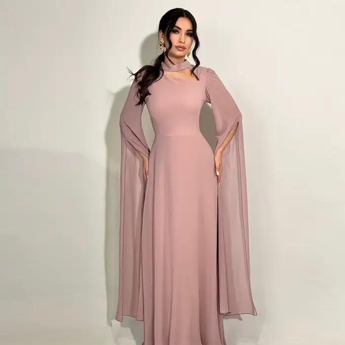 Robe longue femmes robes de soirée col rond pétales manches une ligne à lacets Sexy longueur de plancher taille serrée