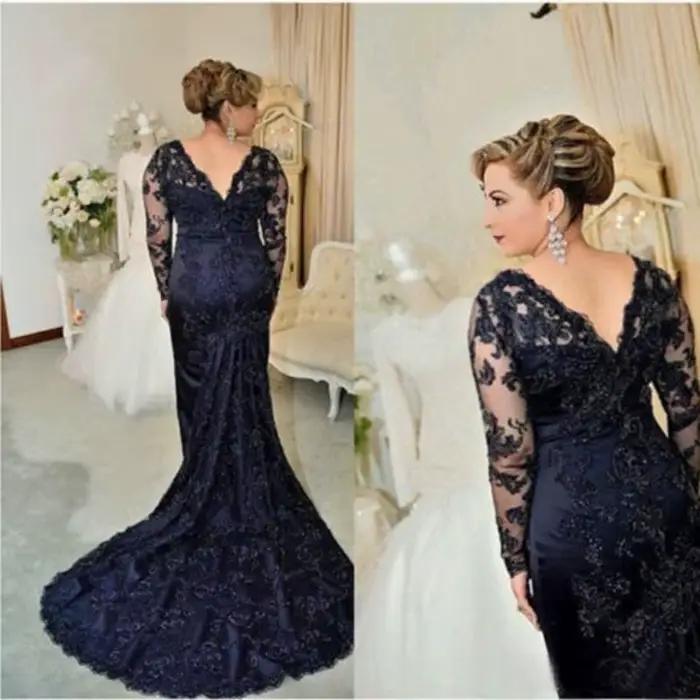 Robe sirène en dentelle bleu marine pour mère de la mariée
