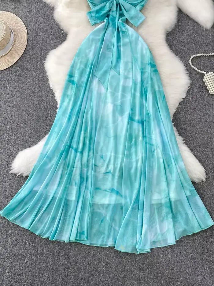 Foamlina lac bleu plage vacances robe femmes été magnifique Sexy dentelle licou cravate taille fée Maxi longues robes