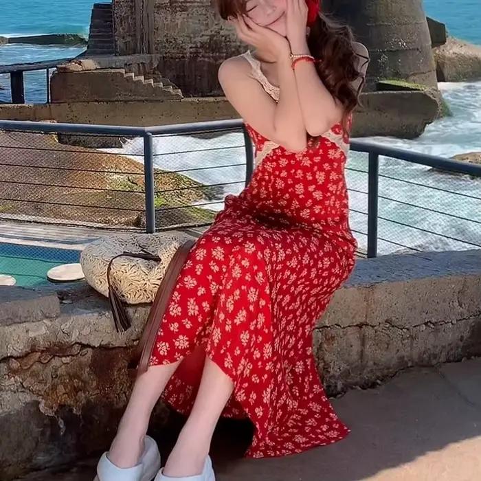 Robe longue élégante et magnifique à imprimé floral rouge français pour femme