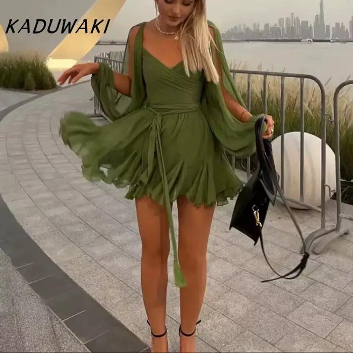 KADUWAKI femmes couleur unie sans bretelles manches col en v Robe tempérament Chic dos nu cravate