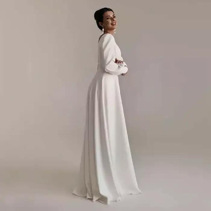 Robe de Mariée Arabe Élégante en Satin à Manches sulfet Col Carré