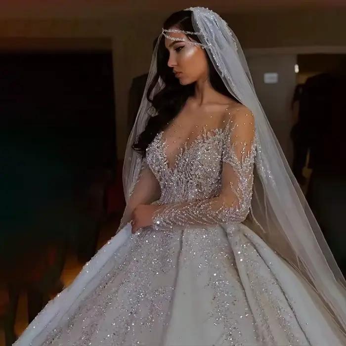 Luxe dubaï cristal perlé robe de bal robes de mariée chérie Illusion manches longues Court Train Tulle
