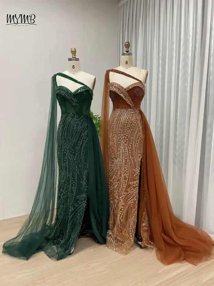 MYMB Orange magnifique haute fente sirène dubaï robes d'invité de mariage pour les femmes fête de luxe chérie cou perlé