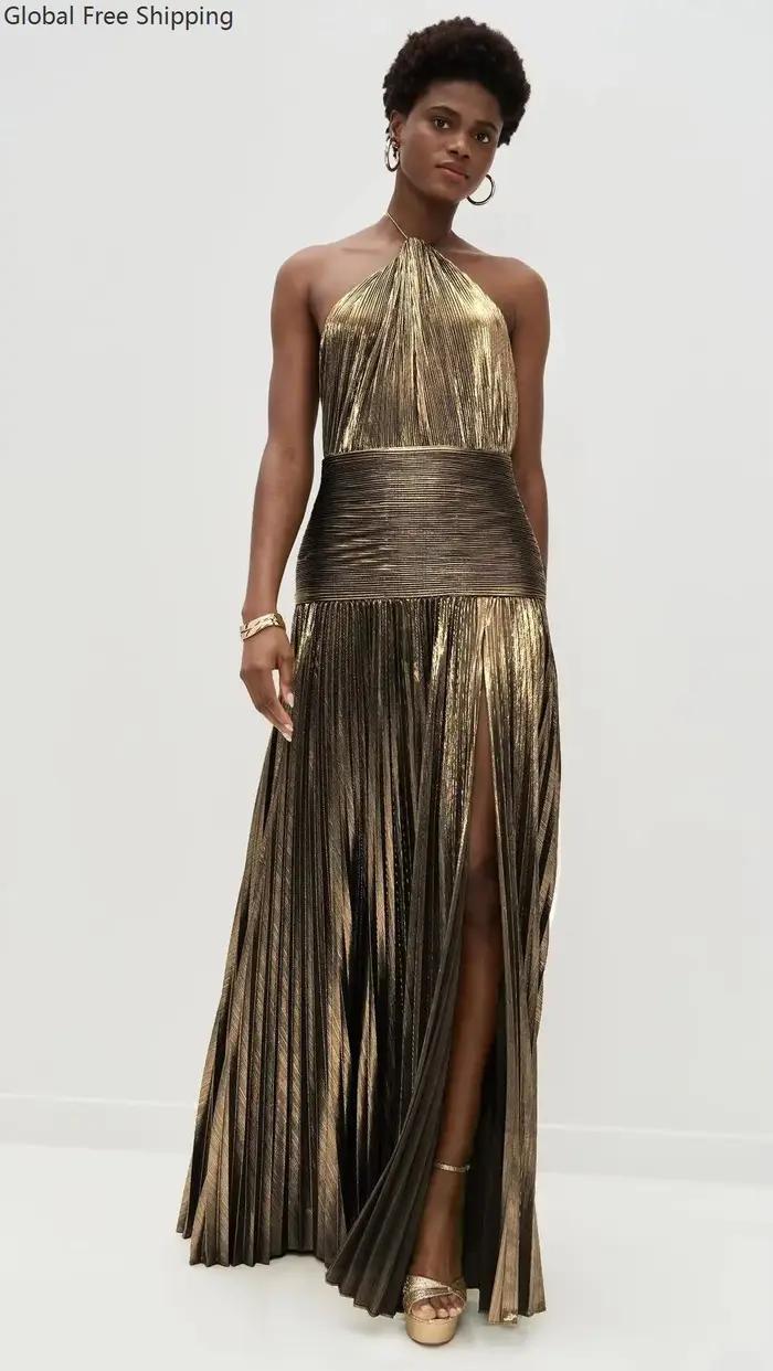 Robe de soirée dorée à col licou pour femme