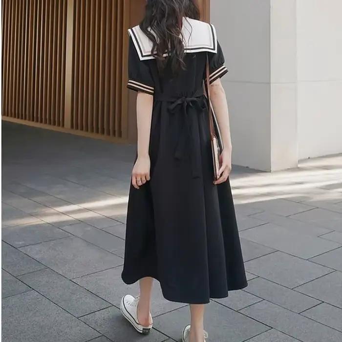 Robe d'été femmes col marin Maxi Preppy japon Style belle collège loisirs Empire rétro Simple classique Design dames Chic