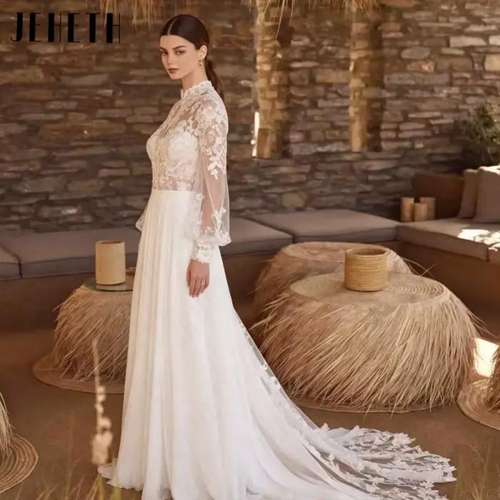 JEHETH Robe de Mariée Mousseline Coupe A Col Haut Illusion Manches Longues Lanterne Appliques Dentelle Florale 3D Intérieur Cœur Dos V Bas Traîne Cathédrale Shooting Villa Rustique Méditerranéenne Élé