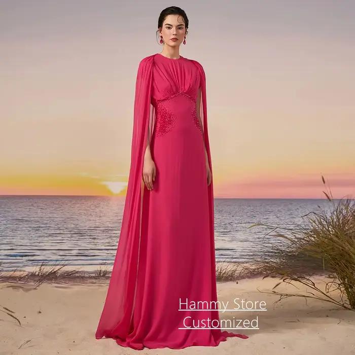Robe de soirée en mousseline de soie fuchsia col rond personnalisé sans manches avec perles robe de bal de fin d année soirée élégante à offrir femmes occasions spéciales